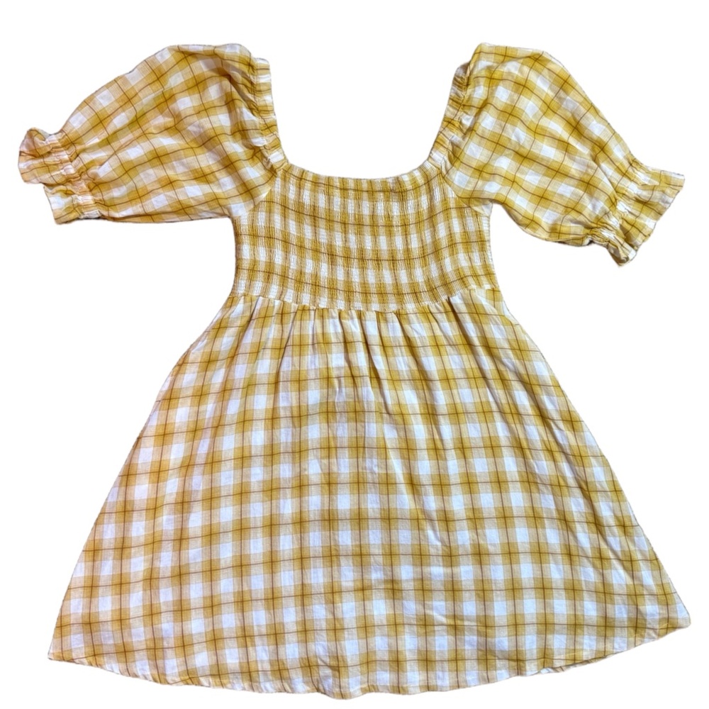 Kori America Smocked Puff Sleeve Yellow Plaid Dress